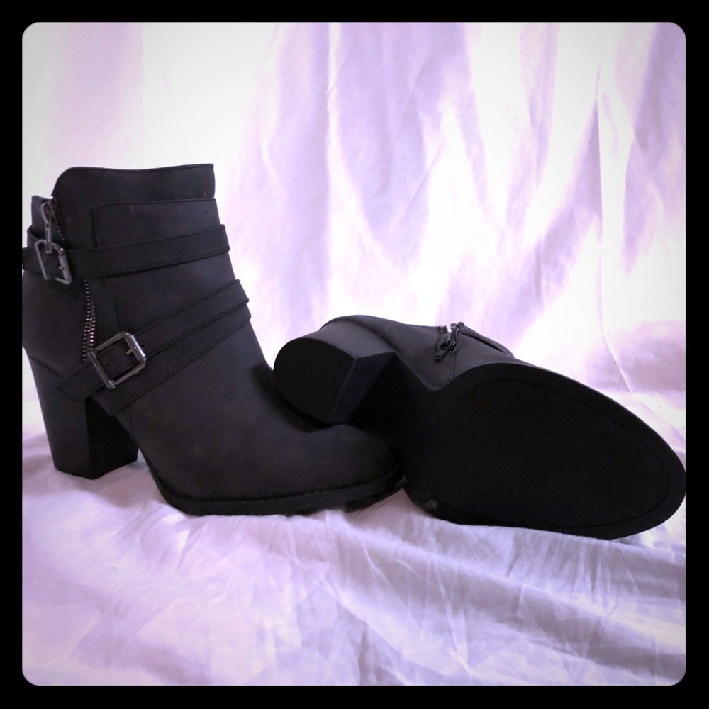 Gray heeled ankle booties